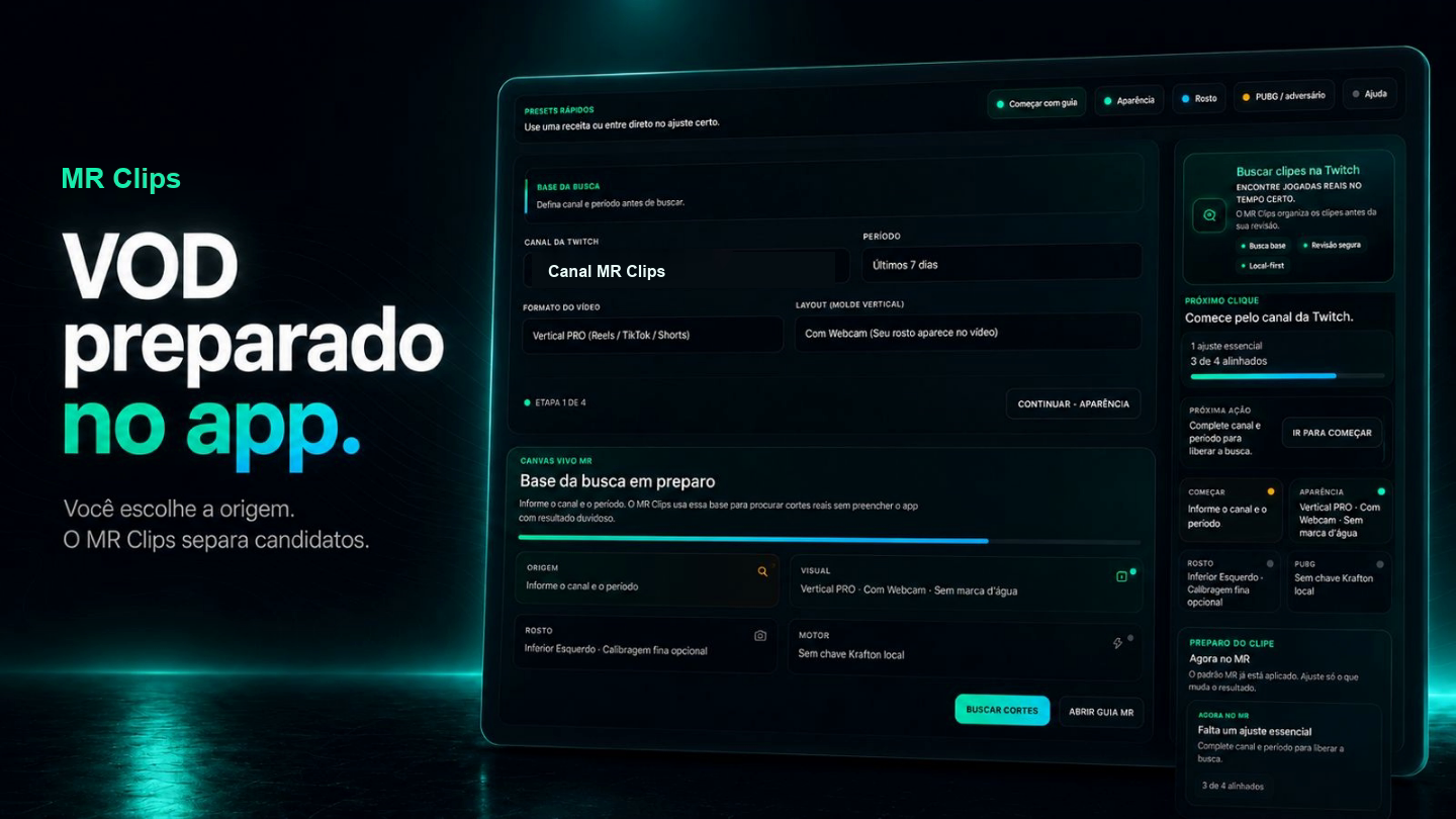Interface real do MR Clips mostrando canal, período e formato preparados antes da busca local por momentos de destaque.