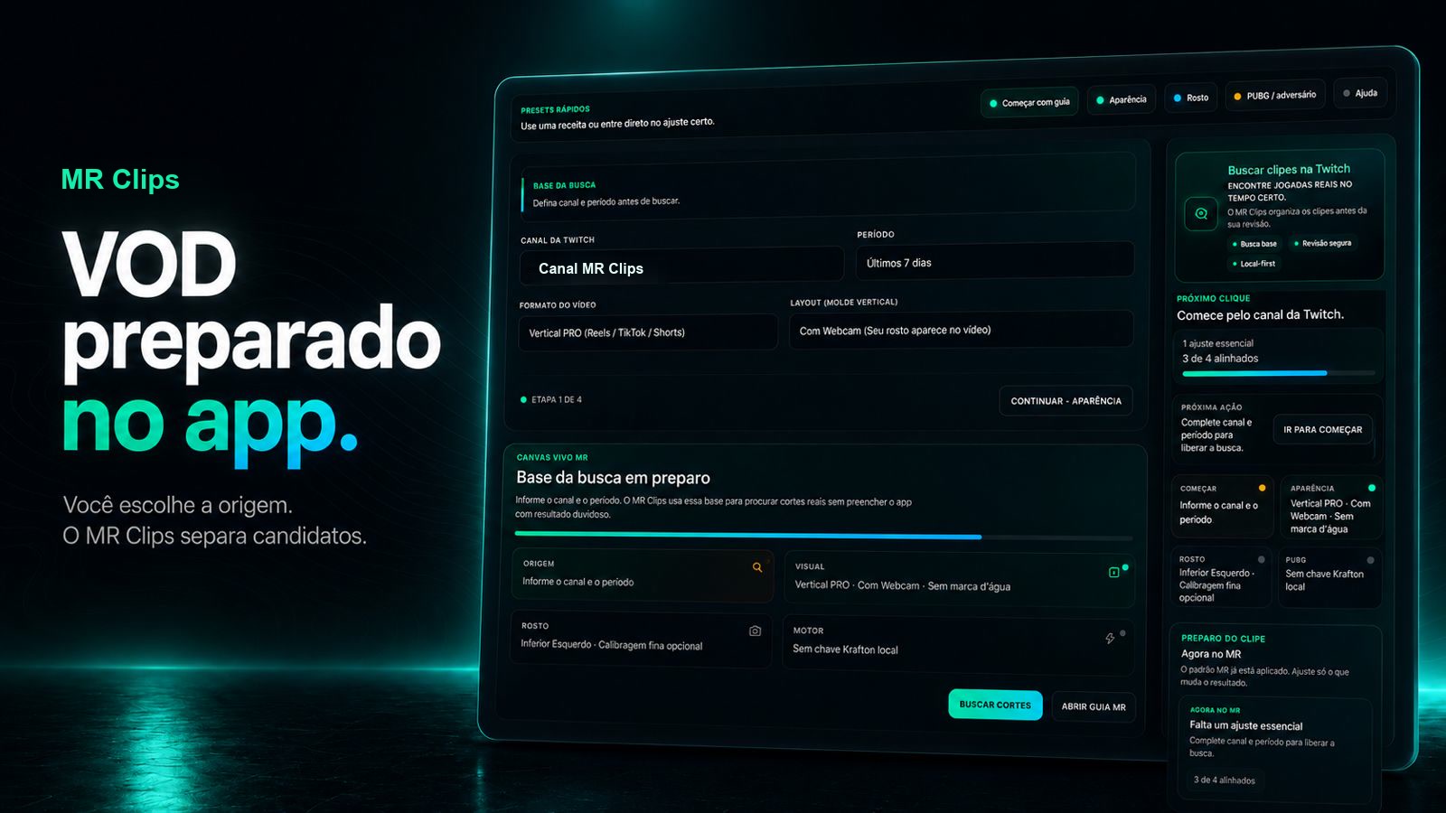 Arte premium do MR Clips mostrando a etapa VOD preparada no app antes de separar momentos para revisão.
